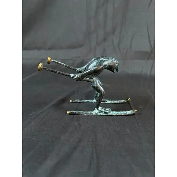 VTG Whimsical Solid Brass Frog Sculpture Figurine, Ski figurine, Ski lodge decor